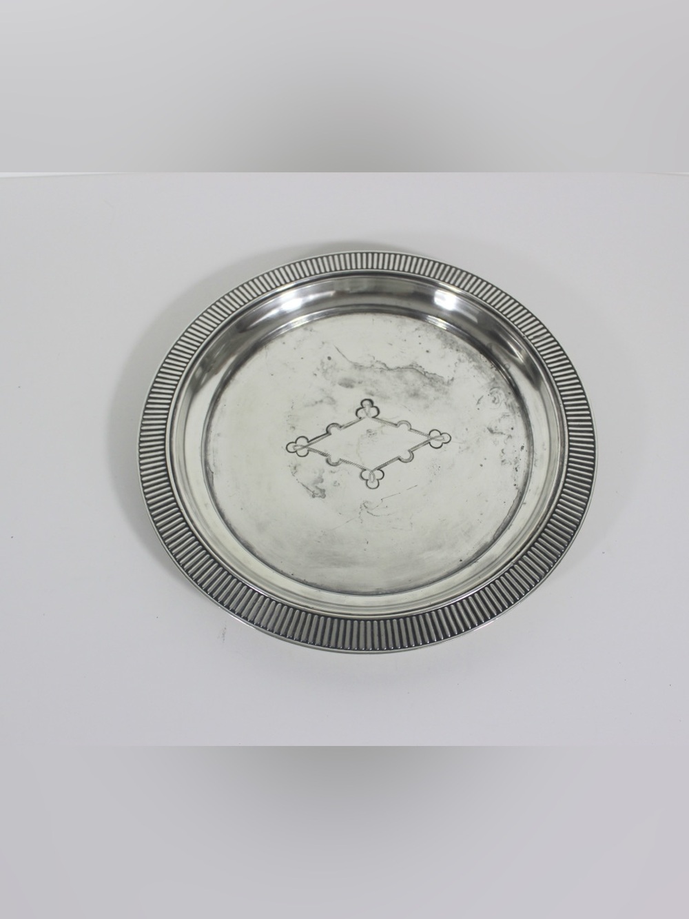 Antique Round 11” Silver Plated Gallery Tray Wide Lip, Embossed Detail Plate